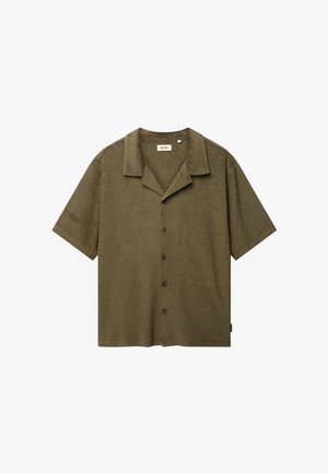 Korte mouw olijfgroen overhemd met knopen, met een ingesneden kraag en een subtiel gestructureerd patroon van Shiwi.