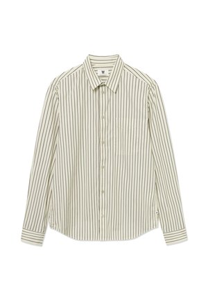 Heledat värvi nööpidega särgi, millel on vertikaalsed tumedad triibud, ühe rinnatasku ja pikad varrukad. Valmistatud siledast kangast, kraega.