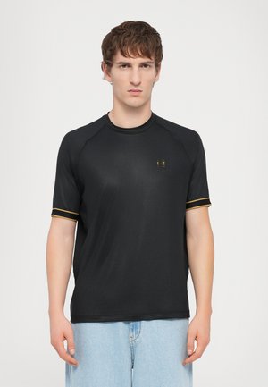 Black short-sleeve t-shirt with a textured finish, featuring yellow accents on the cuffs and a small logo on the chest.