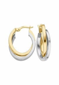 Guld- og sølvfarvede sammenflettede hoops øreringe har en poleret overflade, en robust lås og et glat rundet design.