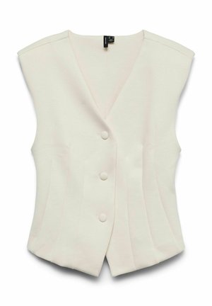 Gilet sans manches blanc à boutons, avec un décolleté en V profond et des coutures ajustées pour une silhouette cintrée.