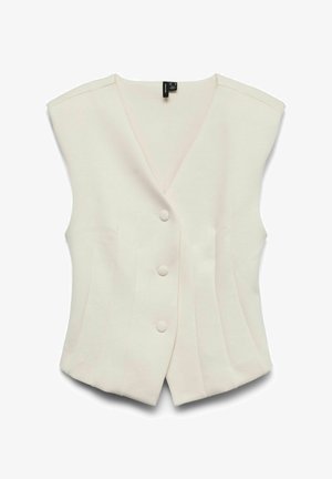 Gilet sans manches blanc à boutons, avec un décolleté en V profond et des coutures ajustées pour une silhouette cintrée.