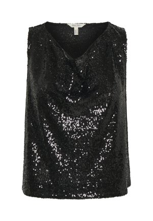 Black sleeveless top with a V-neck and draped design, covered in shiny sequins that reflect light, creating a textured surface.