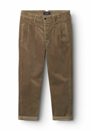 Brown corduroy trousers with a textured finish, featuring pleats, a button closure, and rolled hems for a tapered fit.