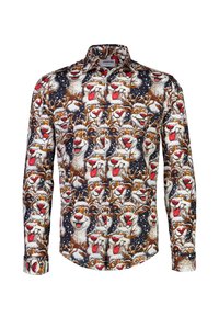 Langarmshirt met een rendierpatroon in bruin, wit en rood, tegen een donkere achtergrond met sneeuwvlokken. Gemaakt van katoen.