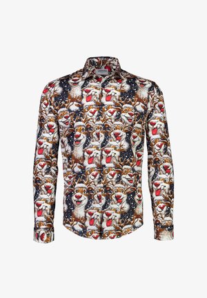 Långärmad skjorta med ett renmönster i brunt, vitt och rött, mot en mörk bakgrund med snöflingor. Tillverkad av bomull.