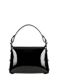 Borsa a mano in vernice nera con forma strutturata, manico corto e dettagli metallici. Presenta una finitura lucida e un design minimalista.
