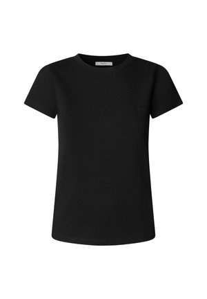 Juodas trumpomis rankovėmis medvilninis marškinėlis su apvalia apykakle ir subtiliu logotipu krūtinėje, pateiktas ant balto fono.