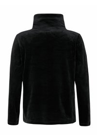 Pullover in pile nero con colletto alto, maniche lunghe, texture liscia e un leggero luccichio. Linee pulite e senza hardware o accenti visibili.