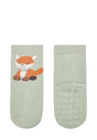 Light green socks with a fox design on the front. Textured, grippy sole, and ribbed cuffs. Soft knit material.