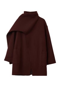 Burgunderfarbener Wollmischmantel mit hohem Kragen, asymmetrischem Design und zwei vorderen Taschen; glatte Textur und lässige Silhouette.