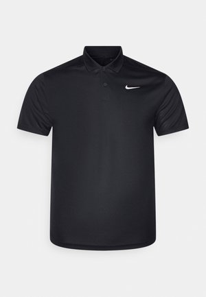 Pólo preto feito de tecido liso, com colarinho, dois botões e um pequeno logotipo branco da Nike no lado esquerdo do peito.