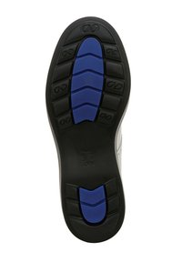 Suola di scarpa sportiva nera e blu con superficie in gomma testurizzata, caratterizzata da un accento blu a motivo e scanalature stampate per una migliore aderenza.