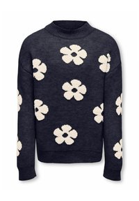 Jūras spēku zilas krāsas adīta džemperis ar lieliem, baltajiem, p�ūkainajiem ziedu rakstiem, apaļo kakla izgriezumu un ribotām piedurknēm. Mīksta tekstūra un brīvi pieguļošs fasonis.