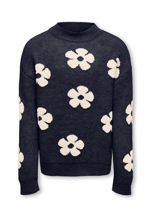 Maglione in maglia blu navy con grandi motivi floreali bianchi e soffici, colletto rotondo e polsini a costine. Texture morbida e vestibilità comoda.