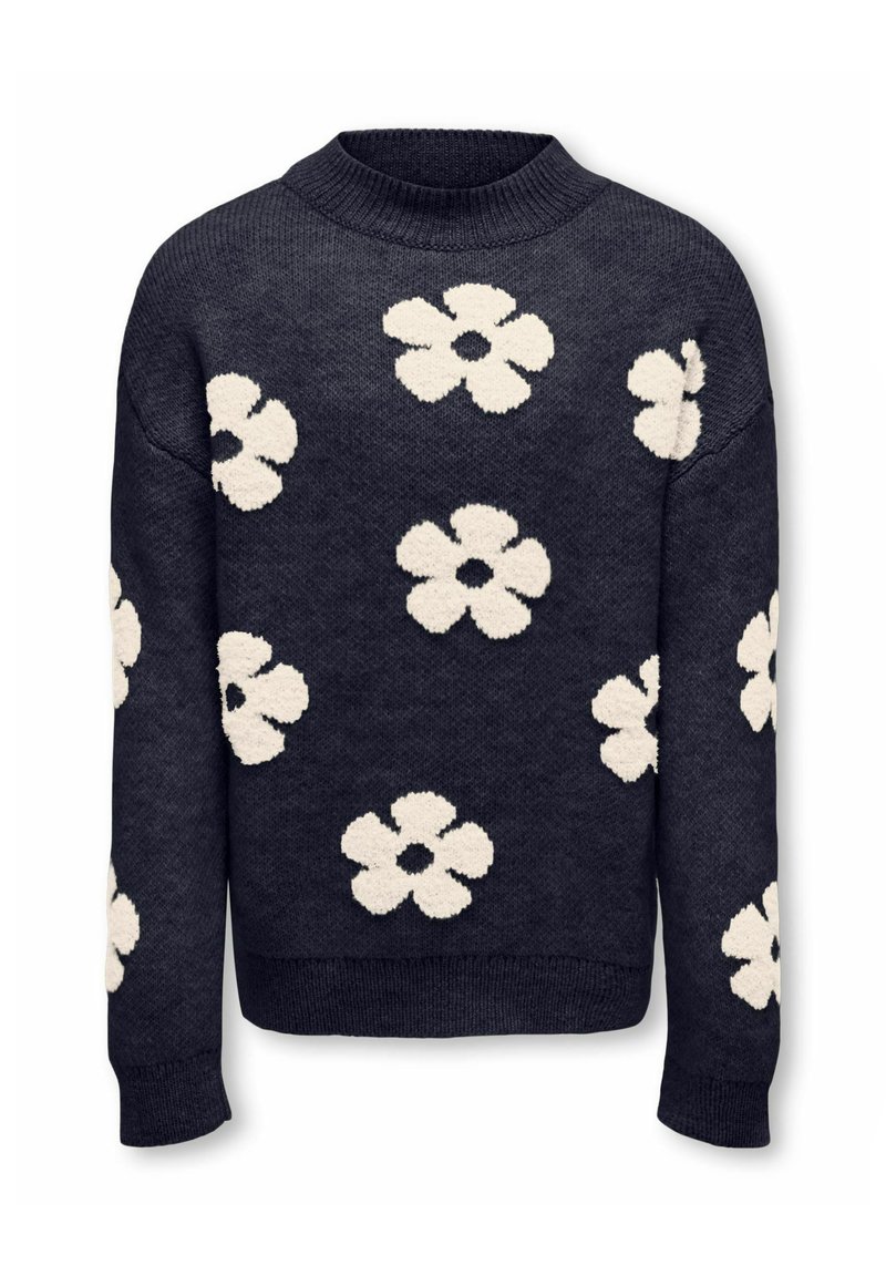 Jūras spēku zilas krāsas adīta džemperis ar lieliem, baltajiem, pūkainajiem ziedu rakstiem, apaļo kakla izgriezumu un ribotām piedurknēm. Mīksta tekstūra un brīvi pieguļošs fasonis.