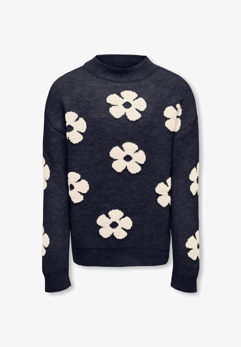 Pull en tricot marine avec de grands motifs floraux blancs et duveteux, col rond et poignets côtelés. Texture douce et coupe décontractée.