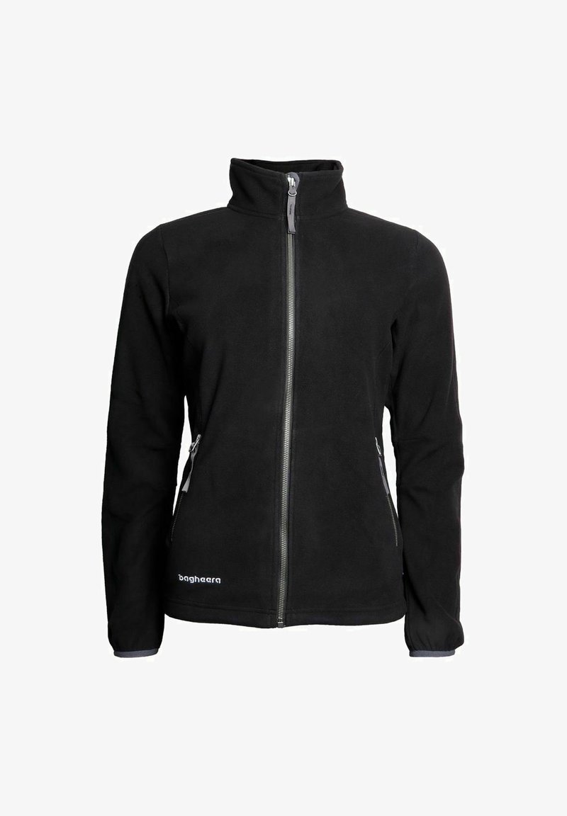 Svart fleecejacka med hög krage, fullständig frontdragkedja, två sidofickor med dragkedja och logotyp på nedre vänstra framsidan. Mjuk textur.