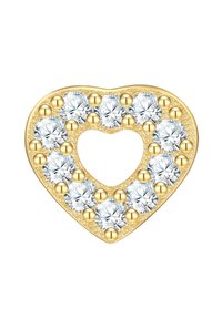 Zelta sirds formas kulons, kurā iemontēti caurspīdīgi, apaļi dārgakmeņi un mazi zelta pērlītes. Centrā ir izgriezta sirds, kas piešķir detalizāciju.