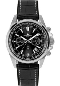 Chronograph-Uhr mit schwarzem Ziffernblatt, Gehäuse aus rostfreiem Stahl, silbernen Akzenten und schwarzem Lederarmband mit weißen Nähten. Verfügt über drei Subdials.