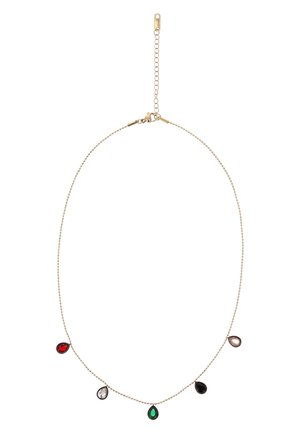 Złoty łańcuszek z pięcioma zawieszkami w kształcie kropli, wykonanymi z czerwonych, przezroczystych, zielonych, czarnych i brązowych kamieni szlachetnych, regulowane zapięcie.