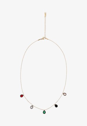 Gouden ketting met vijf druppelvormige hangers in rode, heldere, groene, zwarte en bruine edelstenen, verstelbare sluiting.
