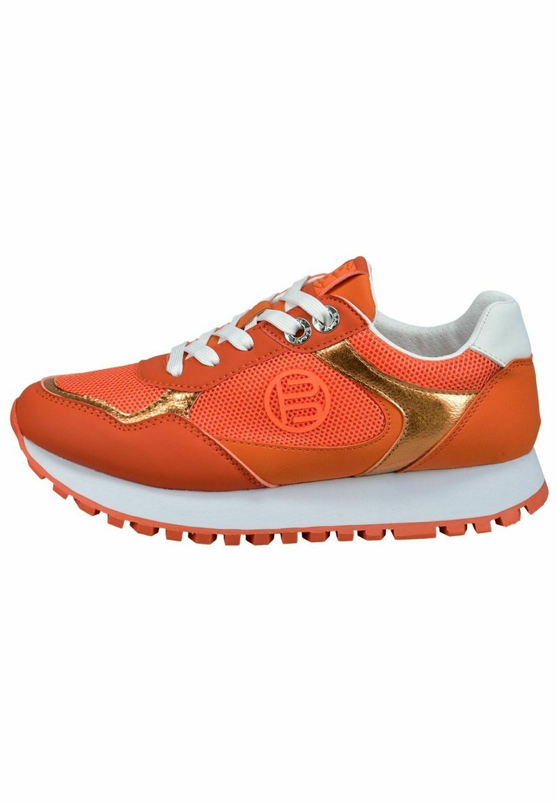 Orange athletic shoe featuring a mesh upper, gold accents, white laces, and a textured sole with deep treads for grip.