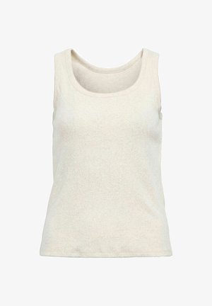 Ærmeløs flæseribbet cremefarvet strikket tanktop med brede skulderstropper og rund halsudskæring, designet til afslappet brug.