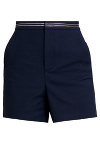 Marinblå shorts i ett slätt tyg, med en rak front och en dold dragkedja samt en midja med silverdetaljer.