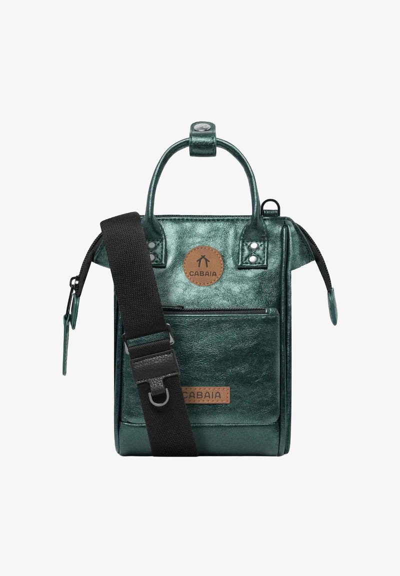 Metallic green bag with two handles, adjustable black strap, front zip pocket, and branded leather patch. Smooth texture with shiny finish.