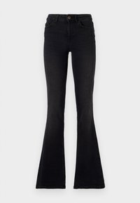 Jeans évasés noirs en denim, dotés d'une taille haute, d'une braguette zippée avec un bouton frontal, et d'un détail de couture simple sur les poches.