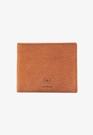Brown leather bifold wallet with visible stitching and a Strellson logo stamped on the front center.