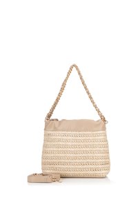 Beige geweven handtas met een textuur op het lijf, een gladde bovenkant, gouden kettingriem en afneembare strap. Heeft een zachte, gerimpelde uitstraling aan de bovenkant.