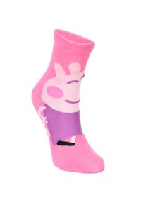 Calcetín corto rosa con un personaje de dibujos animados que tiene una cara sonriente, vistiendo un conjunto morado, hecho de una suave y elástica tela de punto.