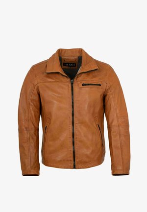 Hellbraune Lederjacke mit Reißverschluss vorne, umklappbarem Kragen und zwei Seitentaschen mit schwarzen Reißverschlüssen. Glatte Textur, figurbetonte Passform.