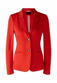 Roter Blazer mit taillierter Passform, einreihiger Knopfleiste, zwei Vordertaschen und silberfarbenen Knöpfen. Glattes Material und lebendige Farbe.