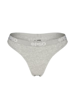 Svijetlosivi ženski tangice izrađene od mekog materijala, s tankim pojasom s bijelim "PSD" brendingom i minimalističkim dizajnom.