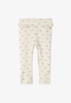 Cream ribbed baby pants with small pink floral print and ruffled waist trim.
