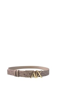 Cintura color taupe chiaro con motivi geometrici, fibbia logo in metallo dorato. Finitura liscia, lunghezza regolabile con un design classico a fibbia a punte.