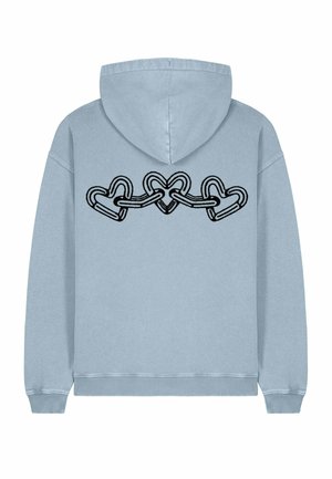 Felpa leggera blu con un design sul retro di cuori intrecciati in nero, con una vestibilità classica, polsini a coste e cappuccio con cordino.