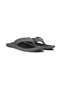 Grijze rubberen flip-flops met een gestructureerde voetbed, brede straps met perforaties, en een geplisseerde zool voor grip.