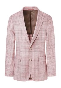 Blazer à carreaux rose clair en tissu texturé, avec une doublure en satin marron, un design à boutons simples et deux poches avant.