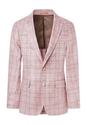 Blazer de cuadros en rosa claro hecho de tela texturizada, con forro de satén marrón, diseño de un solo botón y dos bolsillos delanteros.