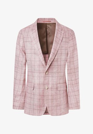 Blazer de cuadros en rosa claro hecho de tela texturizada, con forro de satén marrón, diseño de un solo botón y dos bolsillos delanteros.