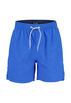 Felblauwe zwemshorts met elastische tailleband en witte trekkoord, voorzien van kleine zijsplitten en een merklabel aan de binnenkant van de tailleband.