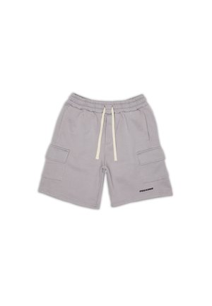 Lichtgrijze katoenen short met elastische tailleband, trekkoord, zijzakken en een klein "PEGADOR" logo vlak bij de zoom.