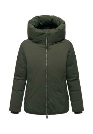 Giacca invernale imbottita verde scuro con colletto alto, zip frontale e tasche laterali, progettata per il freddo.
