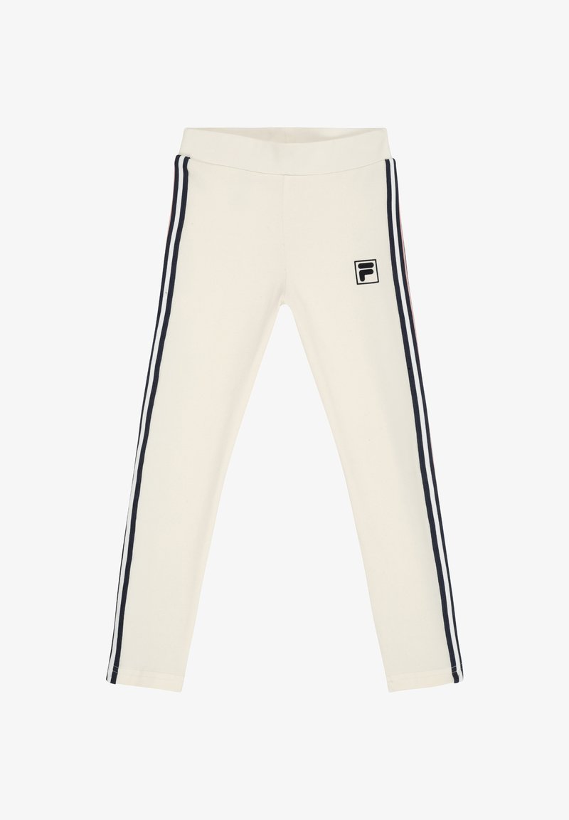 Witte leggings met zwarte zijstrepen en een klein zwart logo op de bovenkant van de linker dij, plat neergelegd op een witte achtergrond.