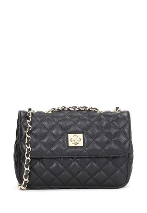 Schwarze, gesteppten, synthetische Leder-Handtasche mit einem goldfarbenen Verschluss und einer Kettenriemen, die eine rechteckige Form und eine strukturierte Oberfläche aufweist.