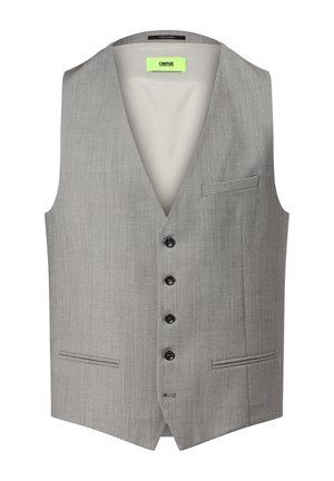 Light gray men's formal vest with four black buttons, three front pockets, and a V-neck collar from brand Cinque.